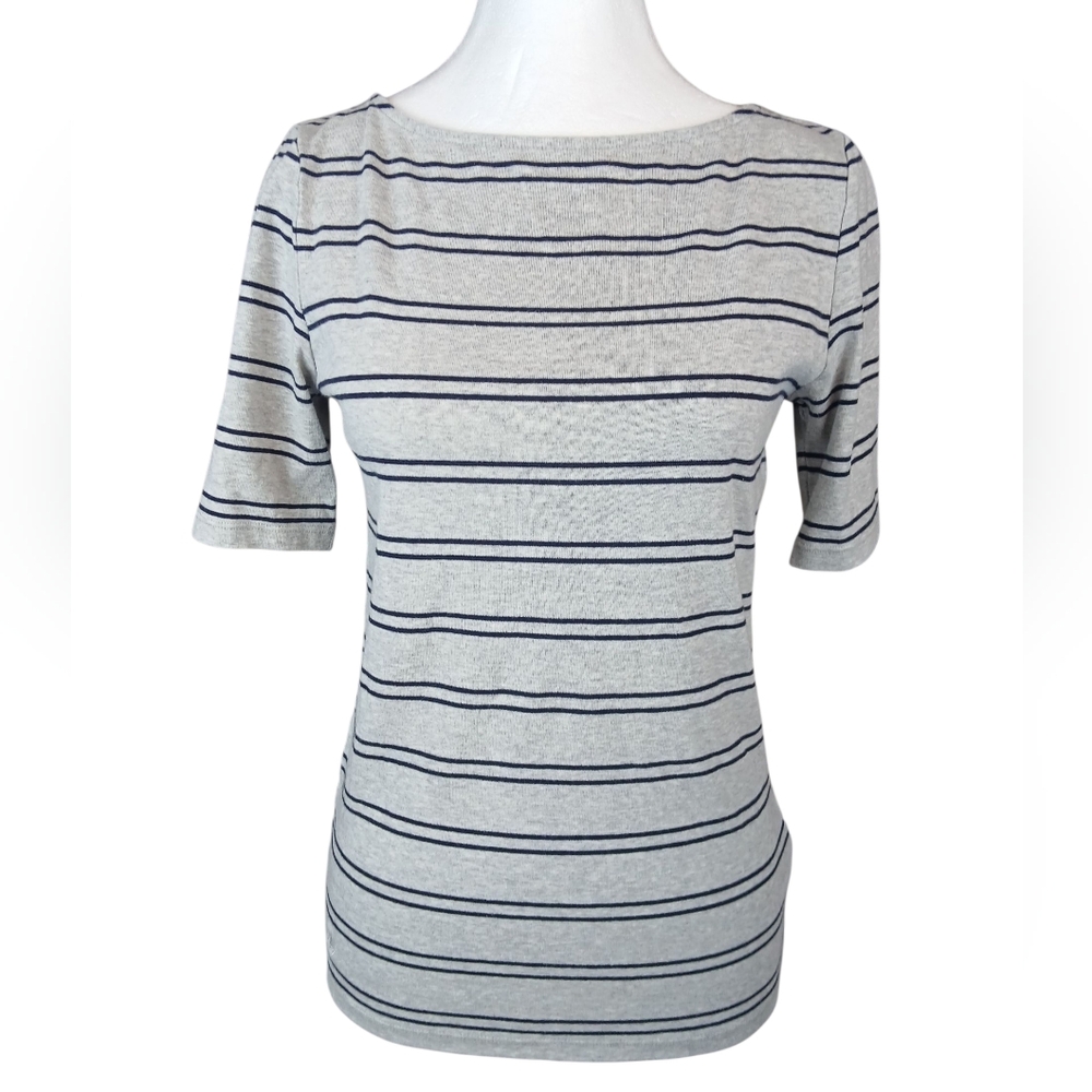 🍂 Lauren Ralph Lauren Gray Navy Striped Sweater Size Medium